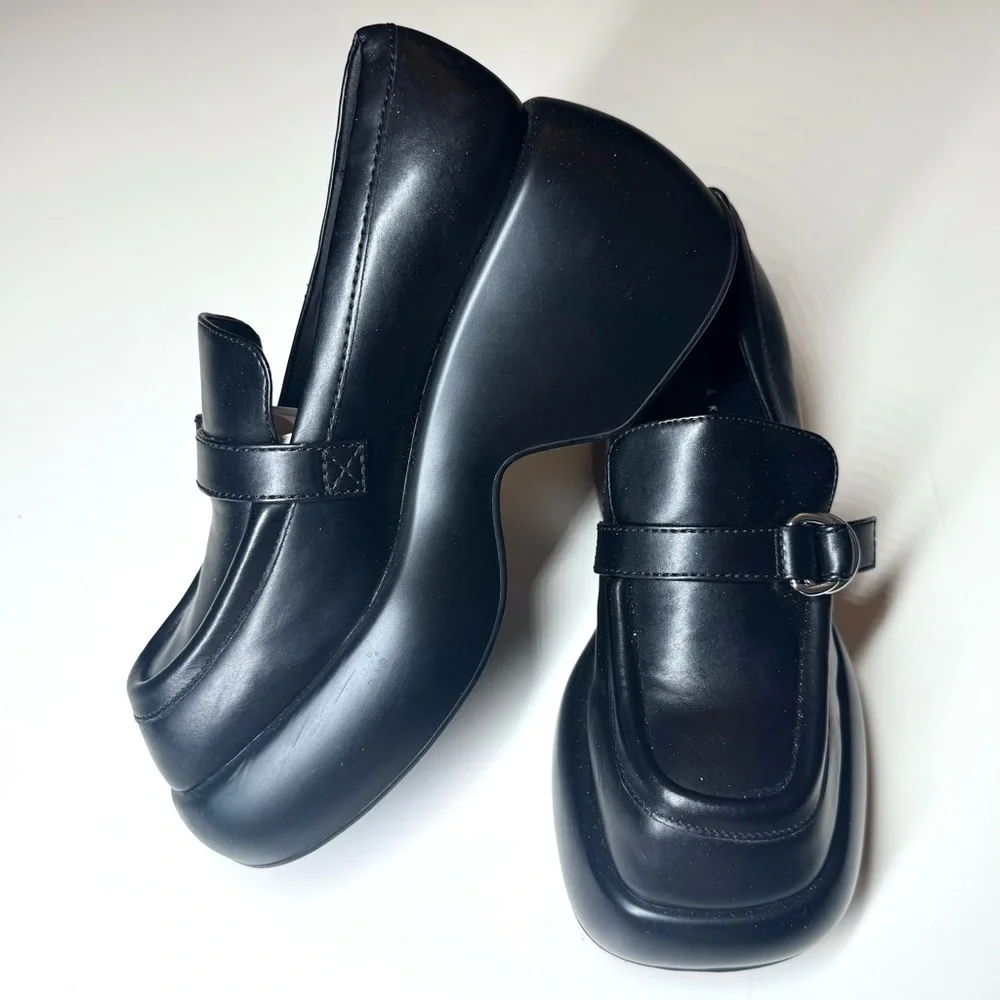CHARLES & KEITH Women’s Buckled Black Platform Penny Loafers Shoes Size- 38